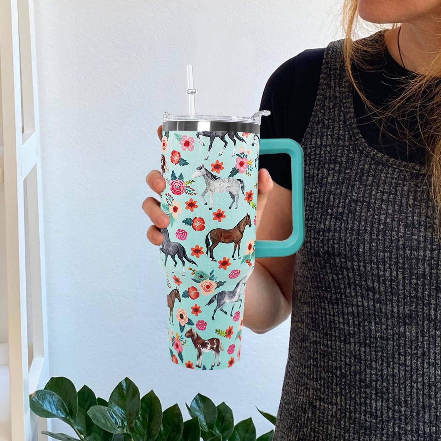 40oz Horse Tumbler with Handle - Insulated Travel Mug, Water Bottle with Equestrian Design - Gift for Women