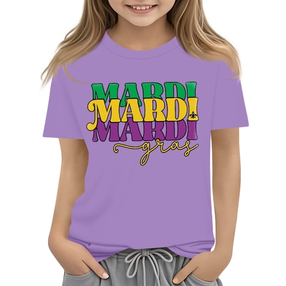 CCRFTGI Mardi Gras Shirt for Children Girls Size 10-12 Cute Mardi Gras Letter Shirts Trendy Beads Tee Holiday Crewneck Carnival T-Shirt Purple 7-8 Years