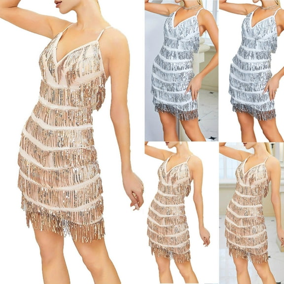 Elainilye Fashion Sequin Dress for Women Casual Summer Solid Color V-Neck Sleeveless Camis Dress Prom Dress Party Dress,Brown