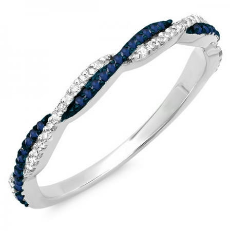 - 14K Gold Round Blue Sapphire & White Diamond Ladies Anniversary Wedding Band Swirl Stackable Ring