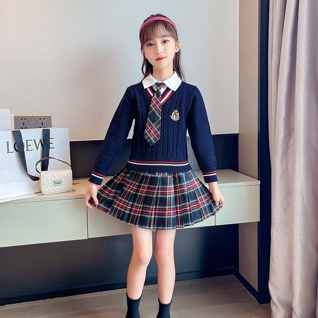 Conjuntos para niñas uniforme escolar Twinset niños traje niños traje Preppy suéter falda ropa para adolescentes ropa para niños 14T Gao Jinjia LED