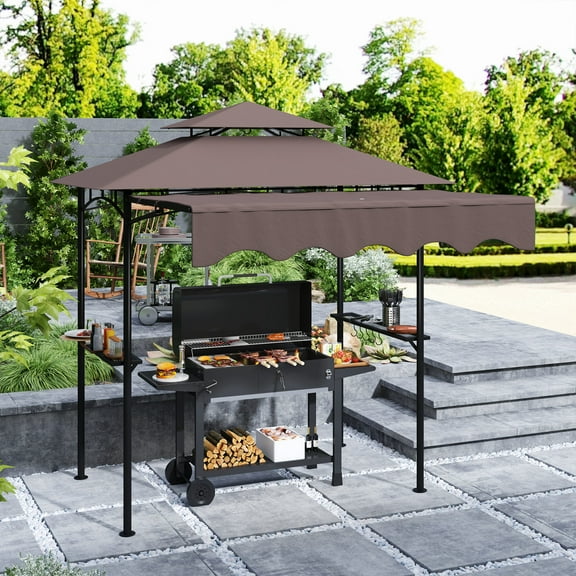 Outsunny 8' x 5' Grill Gazebo, Double Tiered Outdoor BBQ Gazebo with Side Awning, 2 Side Shelves and 6 Hooks for Patio, Deck, Yard, Brown