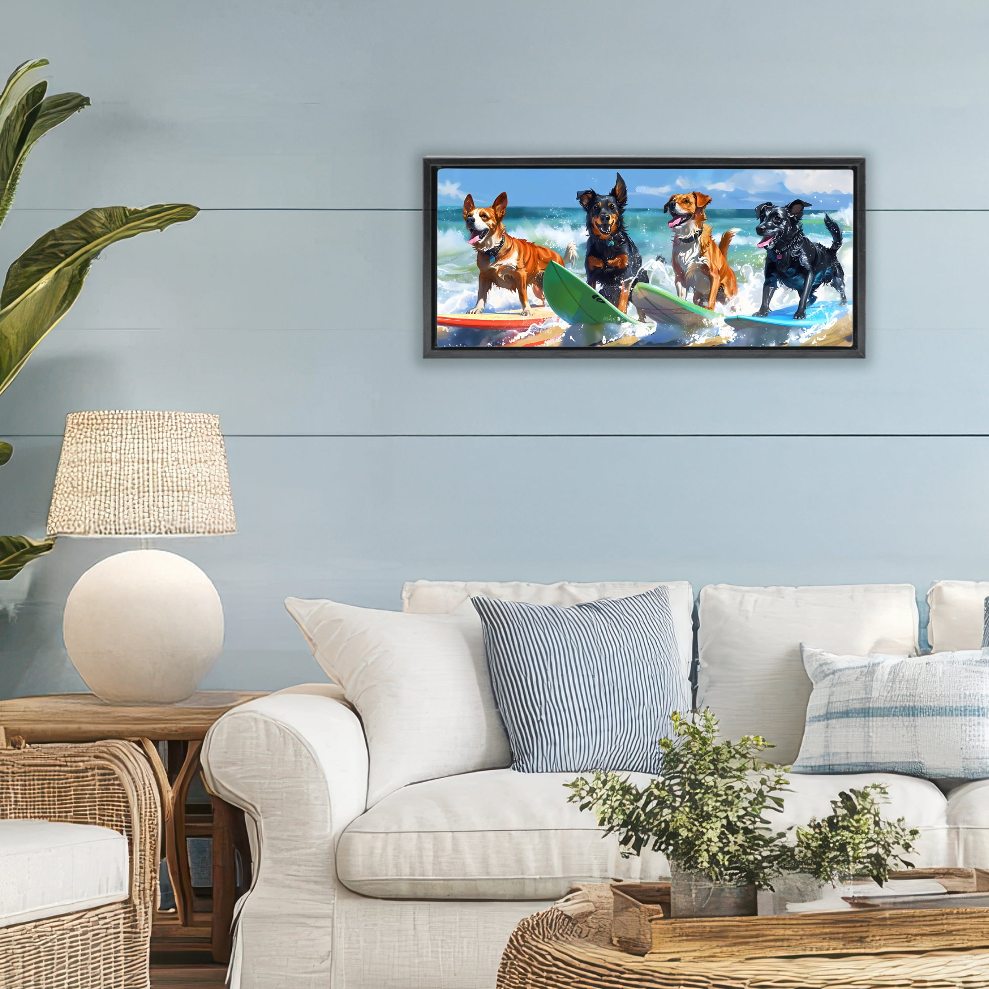 Stupell Industries Dogs on Surfboards Summer Fun Black Framed Floater Canvas Wall Art, design by Creative Studio