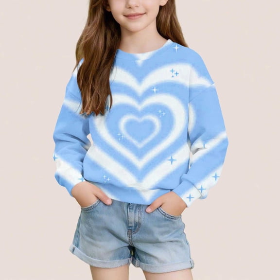LOINRODI Girls Graphic Pullover Sweatshirt, Relaxed Fit Crewneck Stretchy Long Sleeve Cute Printed Fall Transition Outfits Blue Size 7-8