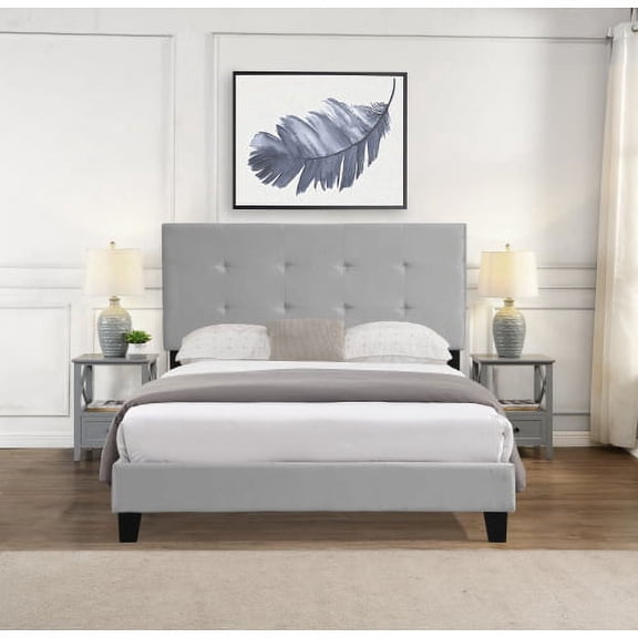 Queen Size Upholstered Platform Bed Frame with pull point Tufted Headboard, Strong Wood Slat Support, Mattress Foundation, No Box Spring Needed, Easy Assembly, Gray