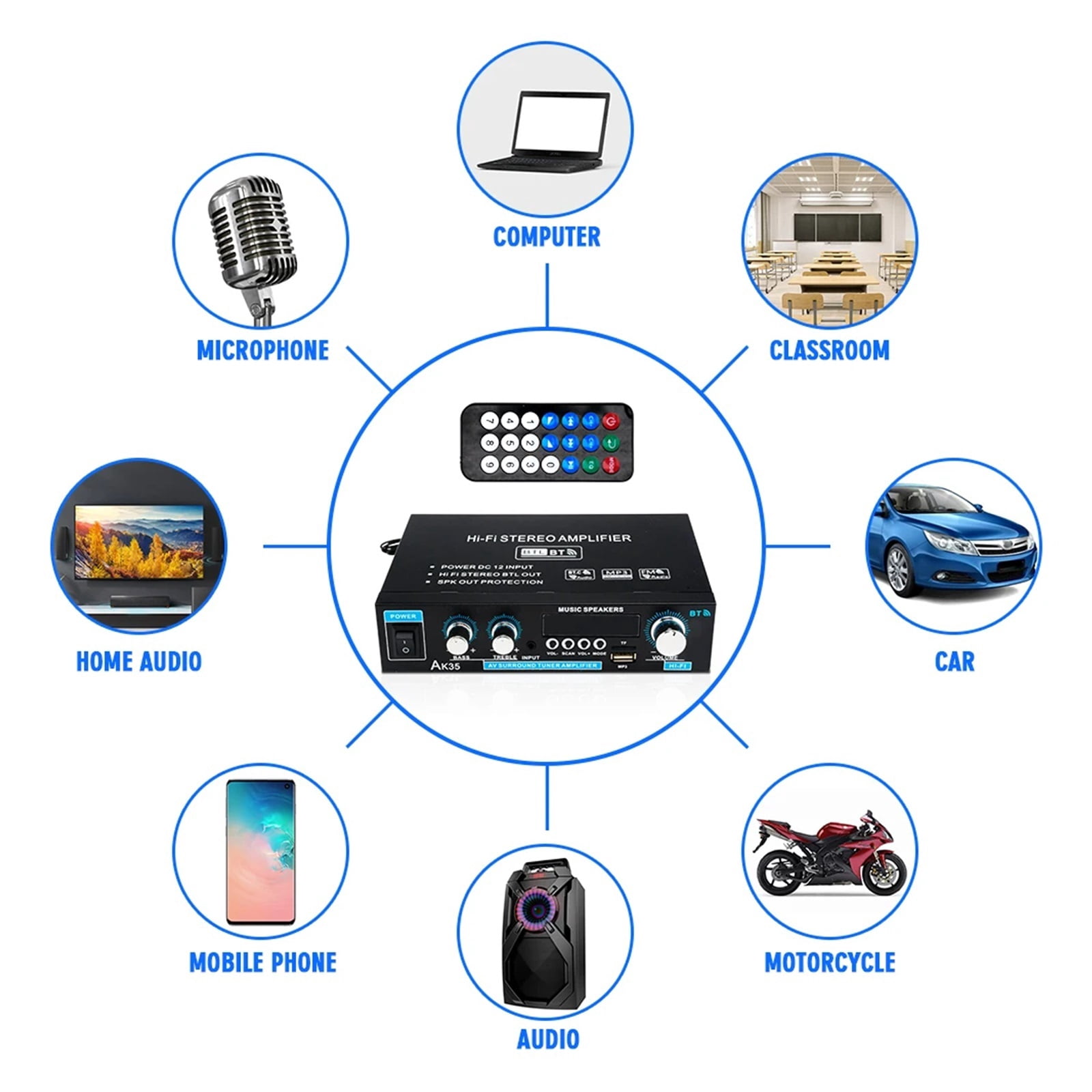 AK35 380 800W Home Digital Amplifiers Bass Power Bluetooth Amplifier Hifi FM Auto Music Subwoofer Speakers