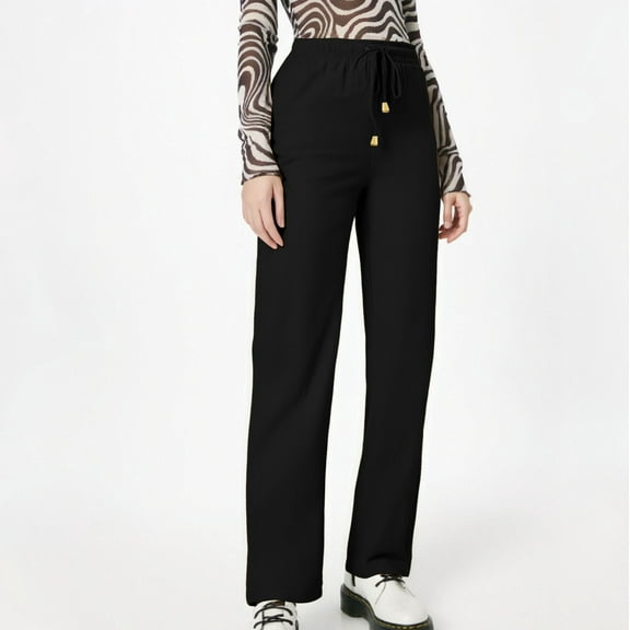 AKGEAMN Women's Summer Elastic Waist High Waisted Wide Leg Linen Casual Beach Trousers, Black S-3XL