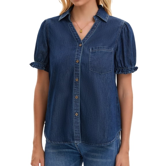 DARING DIVA Women's Denim Shirt Short Sleeve V Neck Button Front Jean Tops S Dark Blue