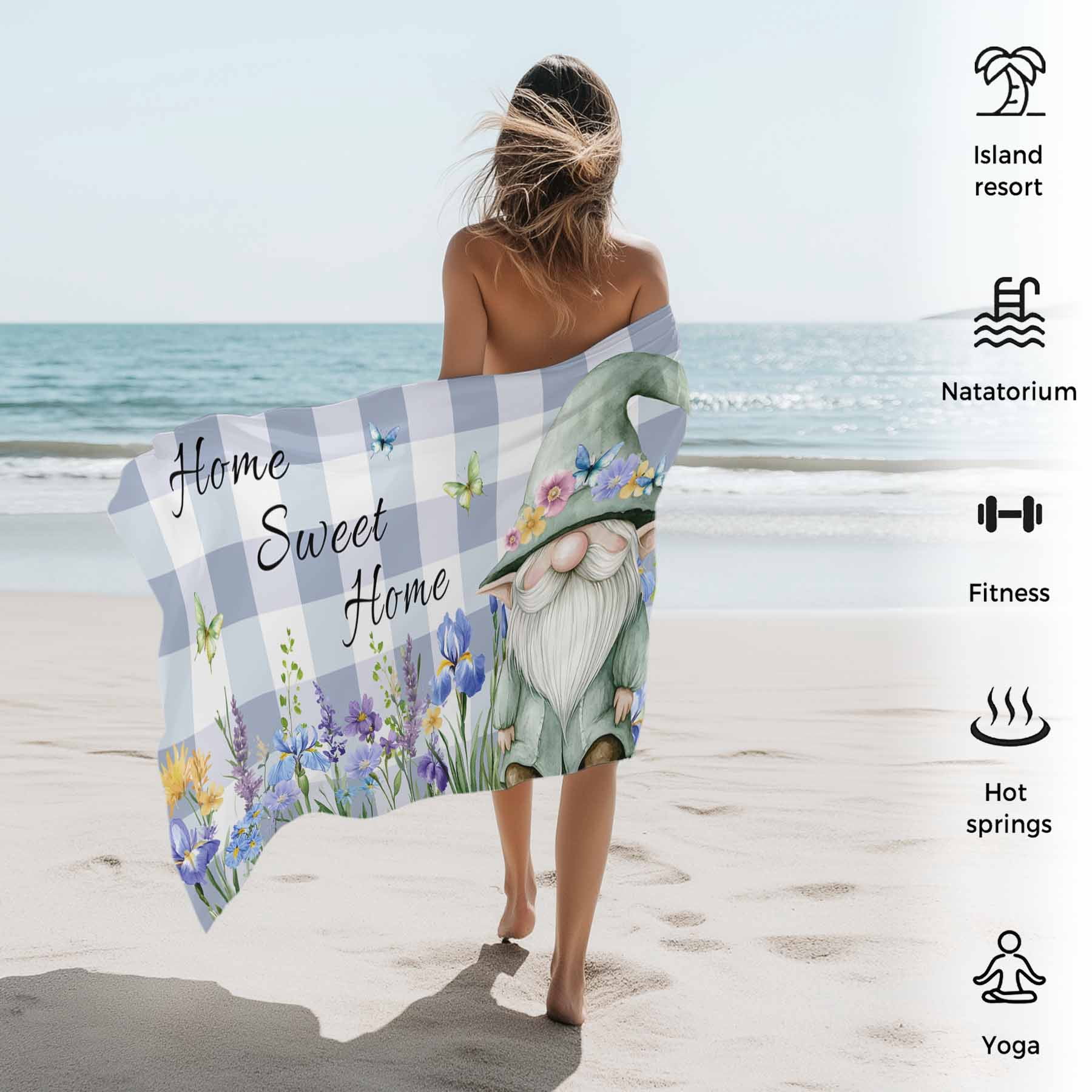 Home Sweet Home Gnome Beach Towels Blanket Soft&Absorbent Quick Dry Microfiber Purple Floral Plaid Pool Towels for Swimming ,Yoga, Sports, Gym, Camping,Large 30X60in,