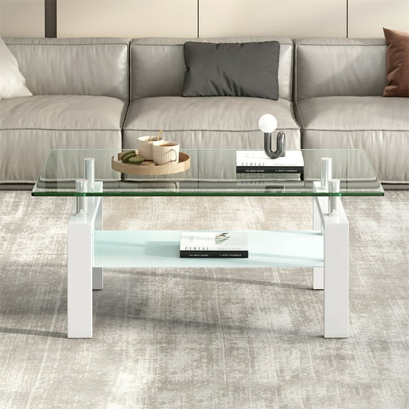 Glass Coffee Table Modern Center Side Coffee Table with Tempered Glass Tabletop With Lower Shelf For Living Room Reception Room