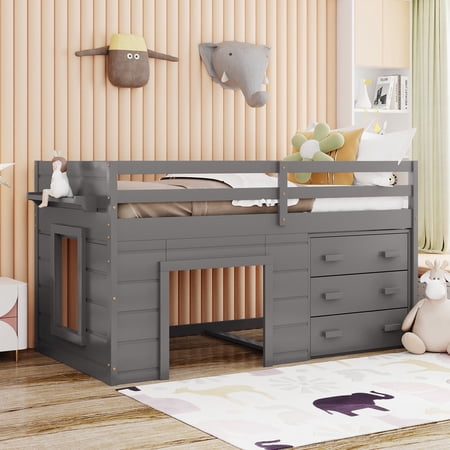 Cfowner Wooden Loft Bed with Cabinet and Shelf  Twin Size  Gray