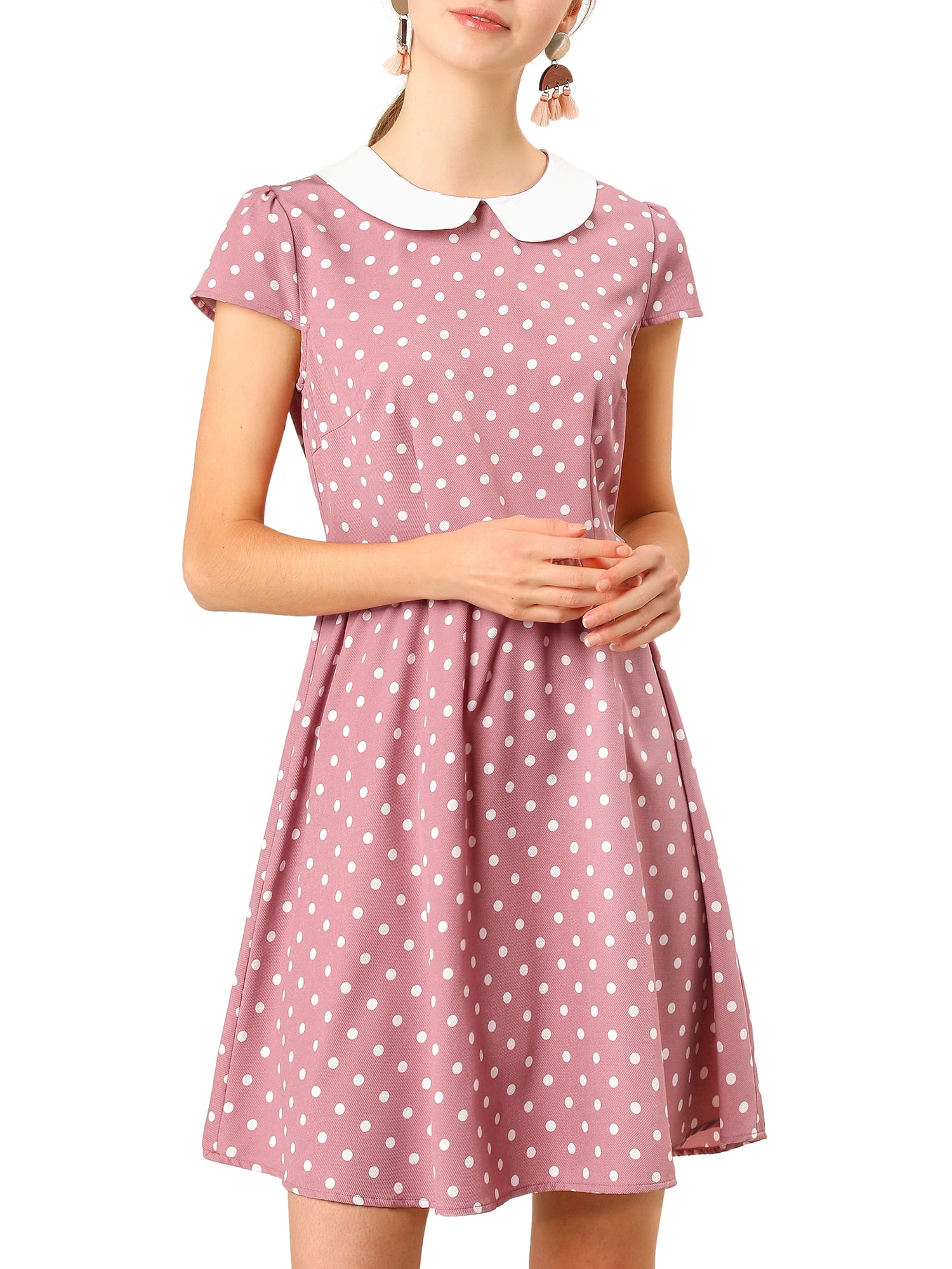 DARING DIVA Polka Dots Peter Pan Collar Above Knee Dress M Pink