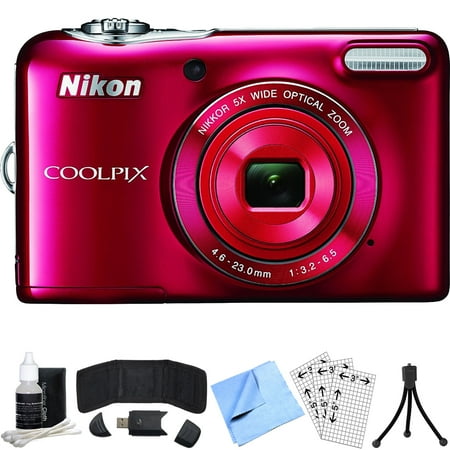 Nikon COOLPIX L32 20.1MP 720P HD Digital Camera (Red) Refurbished Bundle includes COOLPIX L32, Card Reader, Mini Tripod, Screen Protectors, Cleaning Kit, Memory Card Wallet and Beach Camera Cloth