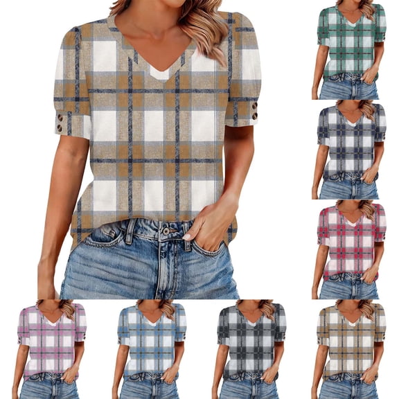 HomeDM Women's T-Shirts Short Sleeve V Neck Casual Tops Plaid Loose Fit Dressy Shirts - Khaki/L