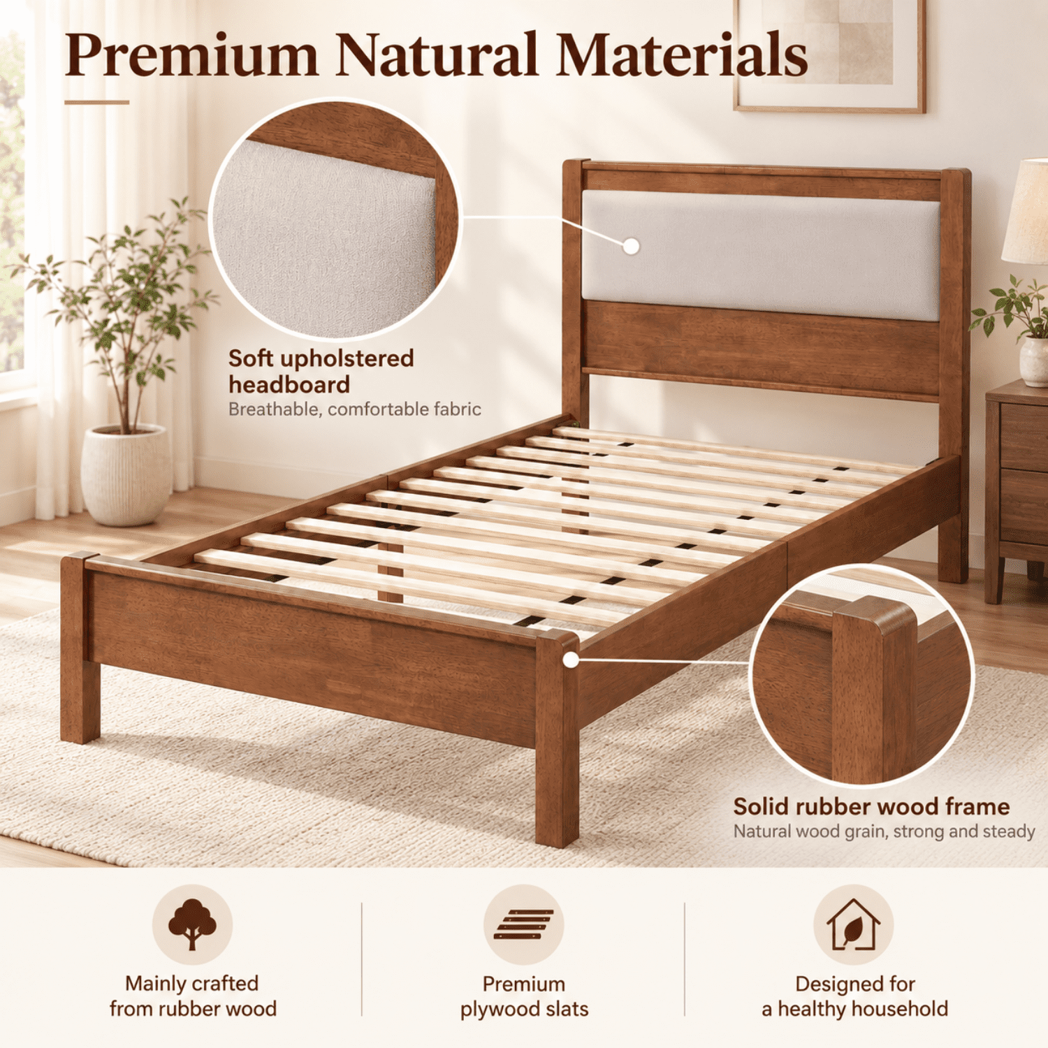 Miniyam Twin XL Rubberwood Platform Bed Frame with Padded Upholstered Headboard, Brown