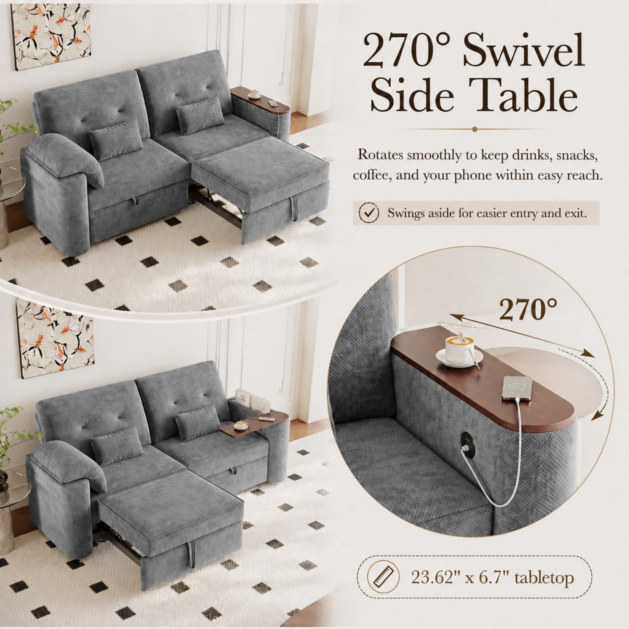 DEALTOPS 82" Chenille 3-in-1 Convertible Sleeper Sofa Bed with 270° Swivel Table & USB Ports, Gray