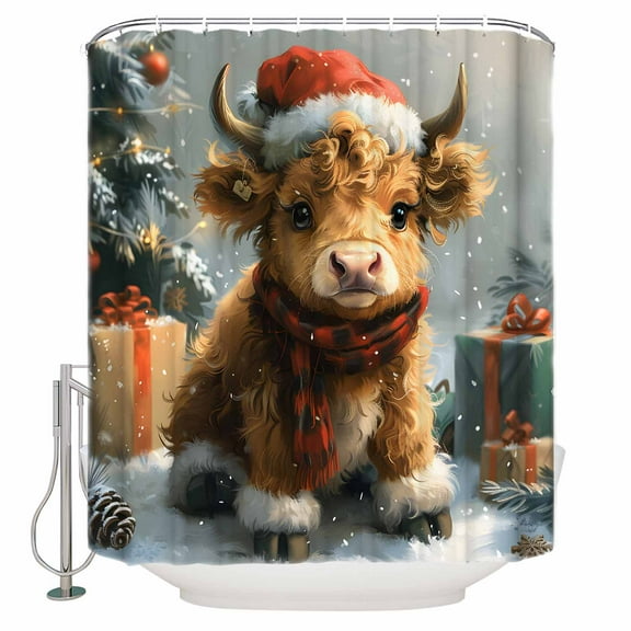 72x78 Inch Shower Curtain Christmas Cow Bathroom Decor Waterproof Fabric Bathtub Bath Curtains Decorative Vintage Painting Winter Snowy Xmas Tree Extra Long Shower Curtain Set with Hooks
