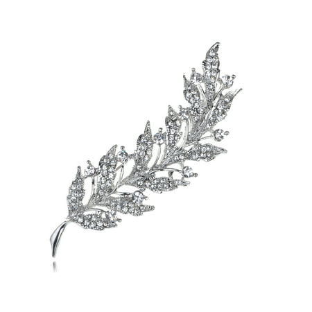 - Feather Leaf Clear Crystal Rhinestone Sliver Tone Holiday Pin Brooch