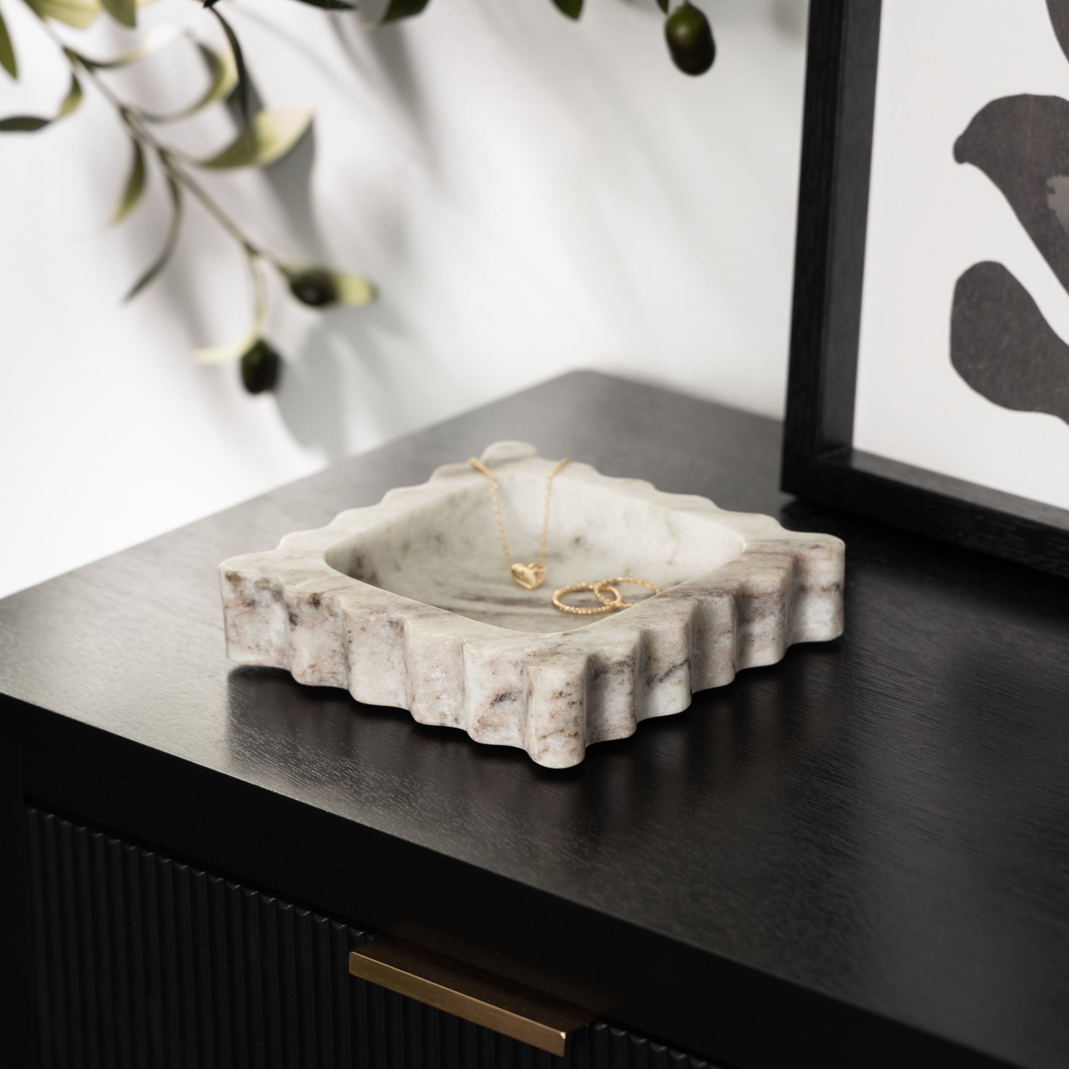 DecMode 6" x 6" Gray Marble  Tray with Brown Swirl Pattern and Wavy Edges, 1-Piece