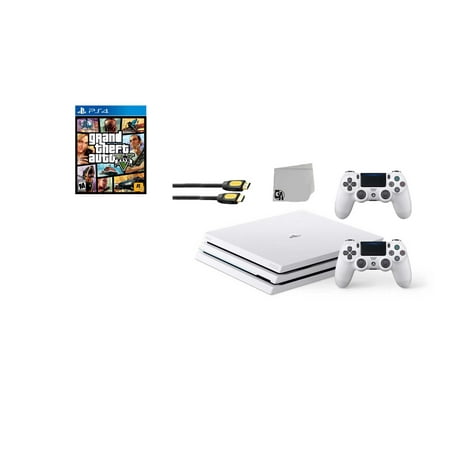 Sony PlayStation 4 Pro Glacier 1TB Gaming Consol White 2 Controller Included with Grand Theft Auto V BOLT AXTION Bundle Like New