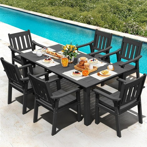 WINSOON 7-Piece HIPS All Weather Outdoor Patio Dining Sets with Umbrella Hole& Aluminum Frame,1-Table 6-Chairs-Black