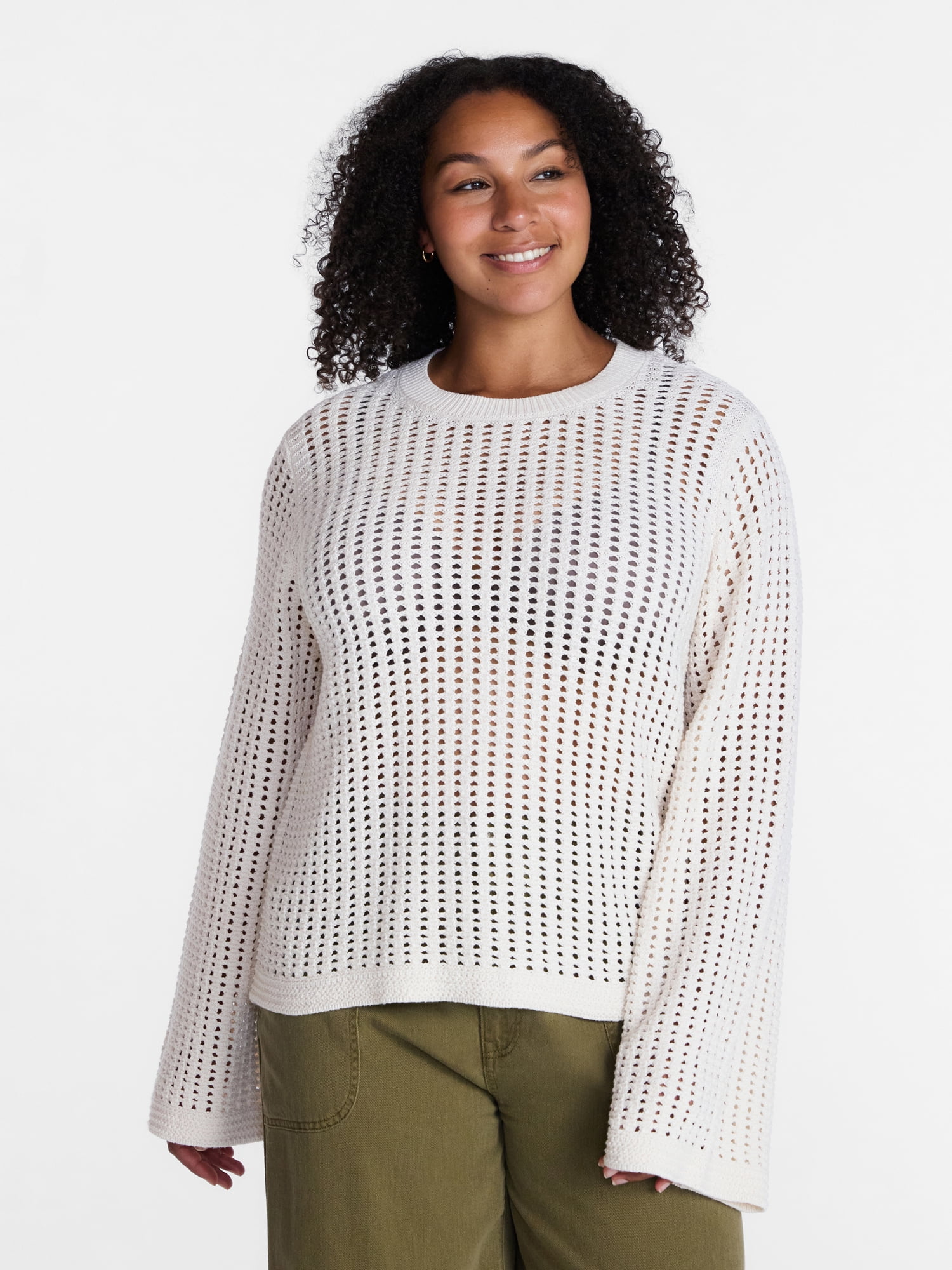 Time and Tru Women’s Textured Cotton Sweater with Long Sleeves, Lightweight, Sizes XS-XXXL