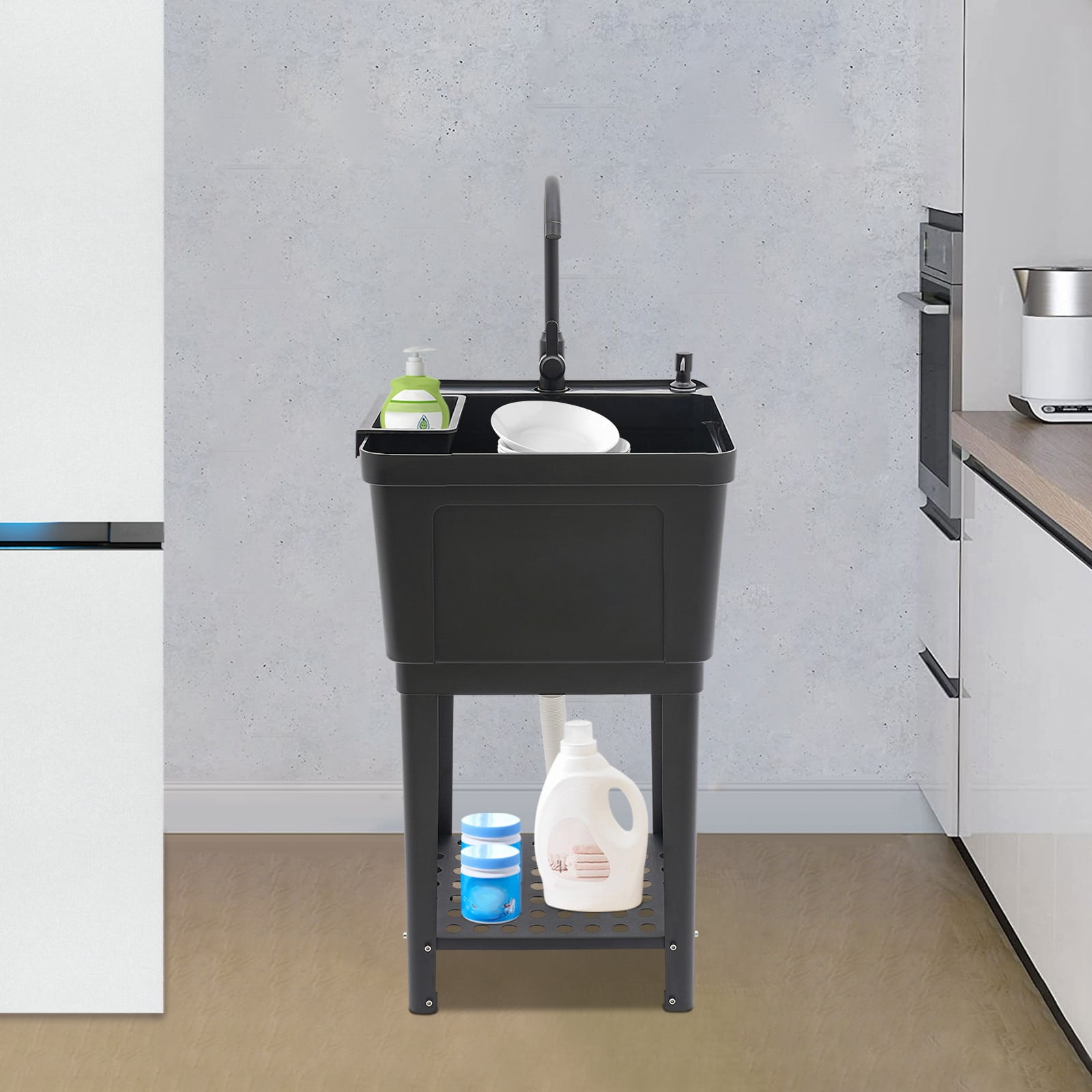 Miumaeov White/Black Laundry Sink Square Utility Sink Freestanding Washing Sink Laundry Tub with Faucet