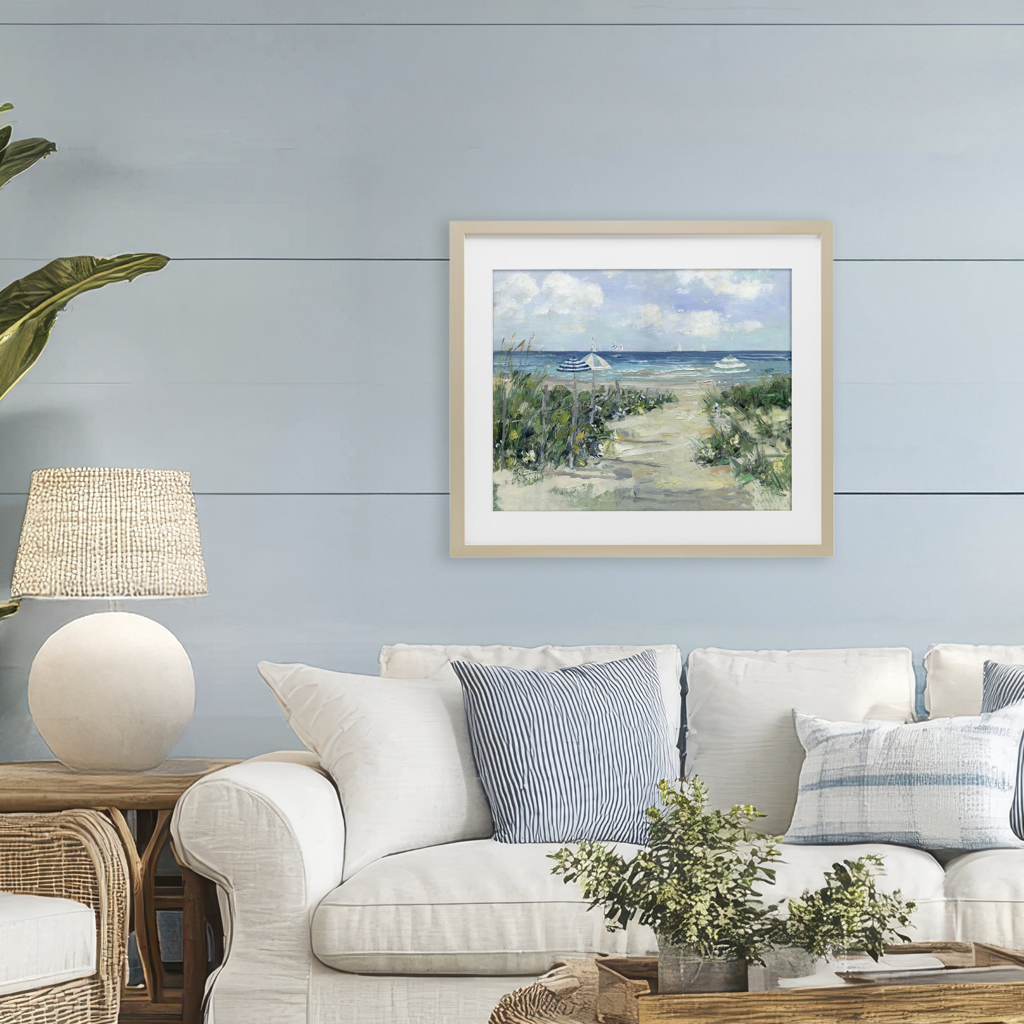 Stupell Industries Seaside Path To Striped Umbrellas Birch Framed Print Under Glass, design by Sally Swatland