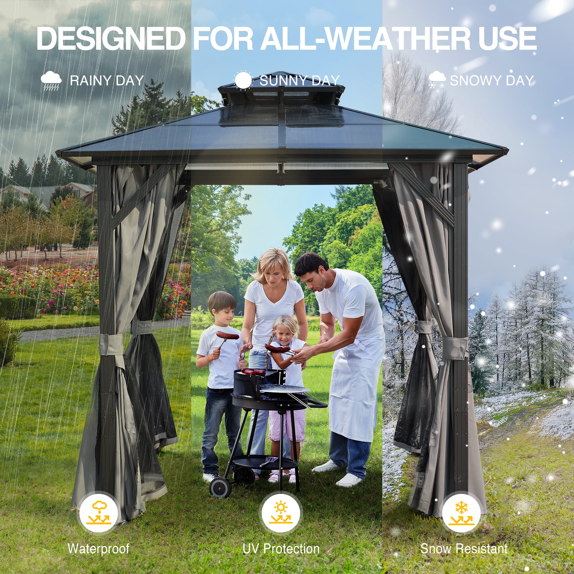 8x8 FT Outdoor Hardtop Grill Canopy, Polycarbonate Top BBQ Shelter Tent with Storage Hooks for Lawn Garden, Grey