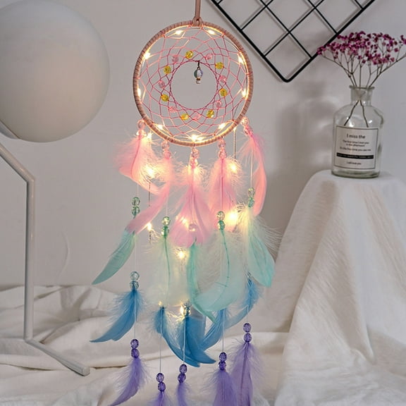 Ghojet Wall Decor , Handmade Dream Catcher with LED Lights Colorful Feather Dream Catcher Wall Hanging Decor for Kids Bedroom Living Room