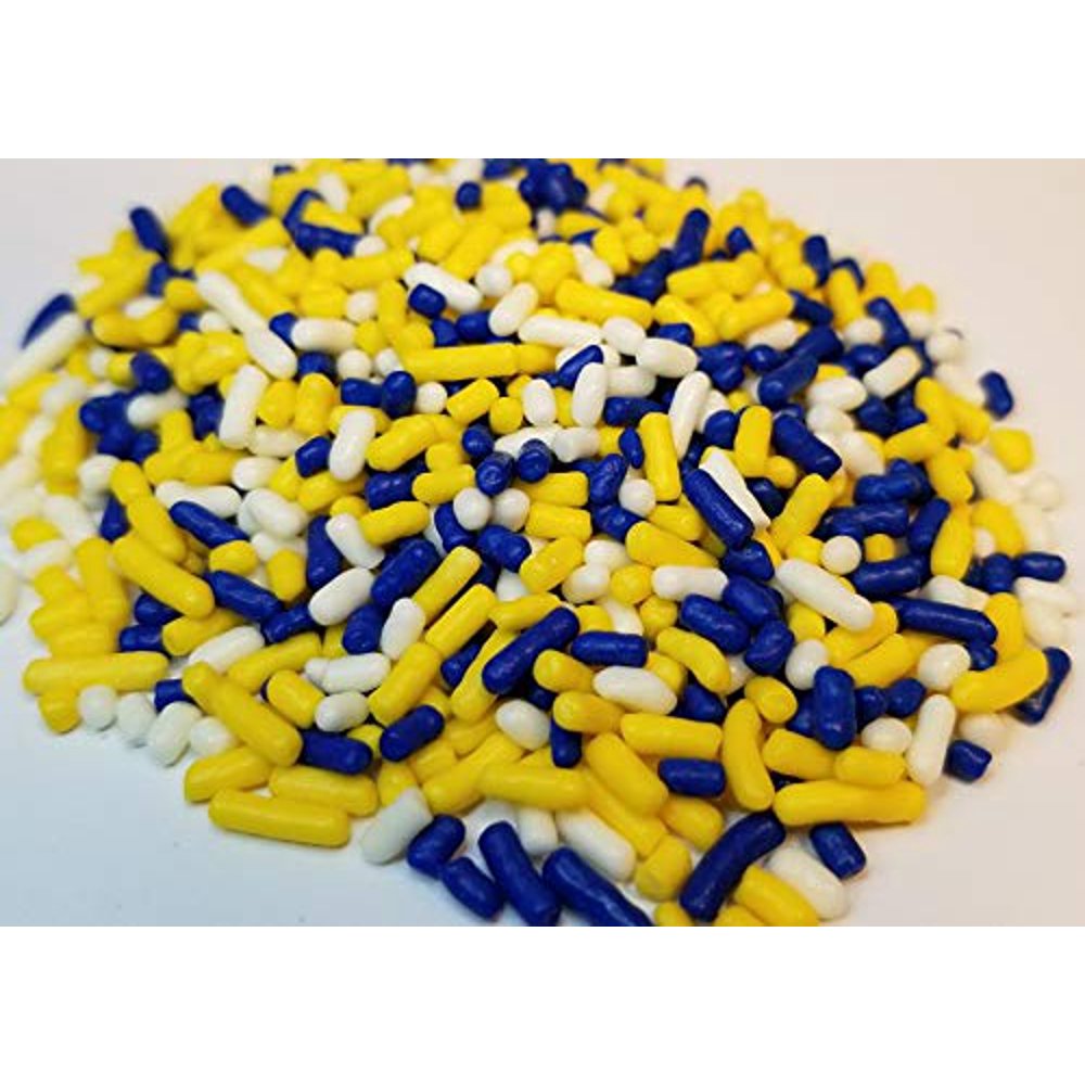 Dark Blue, Yellow, and White Jimmies Edible Sprinkles 4 oz Packaged