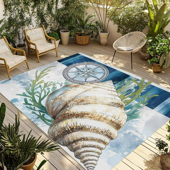 Fsddascl Nautical Compass Outdoor Rug for Patio/Deck/Porch, Non-Slip Large Area Rug 4 x 6 Ft, Coastal Ocean Shell Seaweed Indoor Outdoor Rugs Washable Area Rugs, Reversible Camping Rug Carpet Runner
