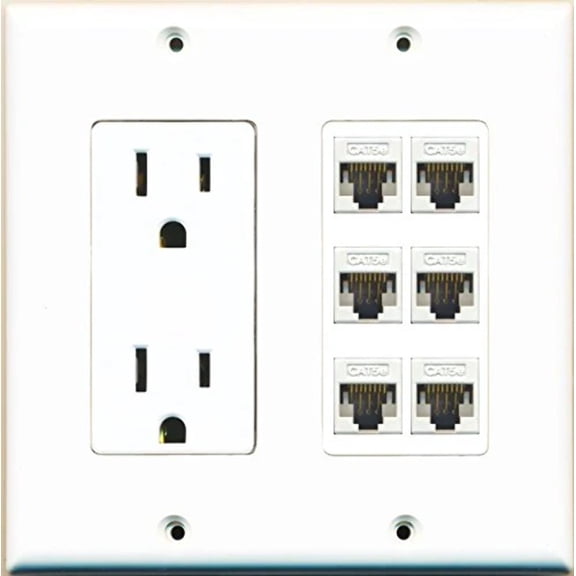 RiteAV Power Outlet 6 Cat5E Wall Plate White