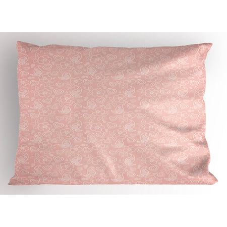 Light Pink Pillow Sham Cute Flowers Spiral Leaves Heart Figures Light Pink Pillow Sham Cute Flowers Spiral Leaves Heart Figures S Ornate Design