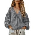 thumbnail image 3 of ThriftyPlait Boho Tops for Women Casual Cotton V Neck Blouses Summer Puff Long Sleeve Breathable Tops Elegant Lantern Sleeve Vacation Outfit, 3 of 7