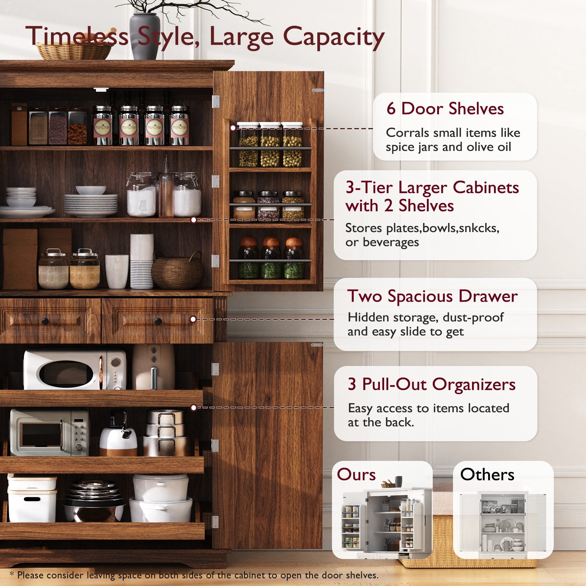 Mintazer 71" Tall Farmhouse Pantry Cabinet with Adjustable Shelves & 6 Door Shelves, Freestanding Storage Cabinet with 2 Drawers & 3 Pull-Out Organizers for Kitchen Dining Room Living Room, Brown