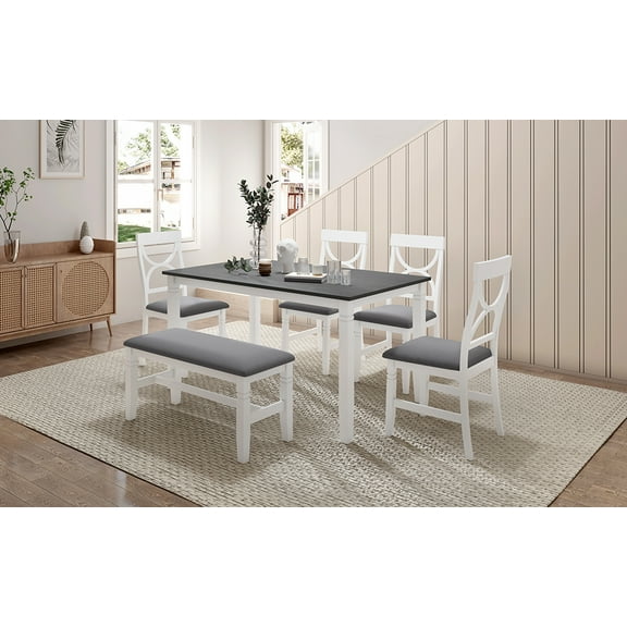 YIYADO 6-Piece Wooden Dining Table Set, Farmhouse Style Kitchen Table and Chairs, 6-Person Dining Table Set with Upholstered Bench and 4 Dining Chairs, White