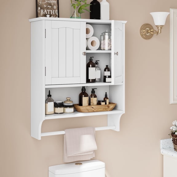 Semiocthome Bathroom Medicine Cabinet with Towel Bar and 3 Shelves Over Toilet Storage, White