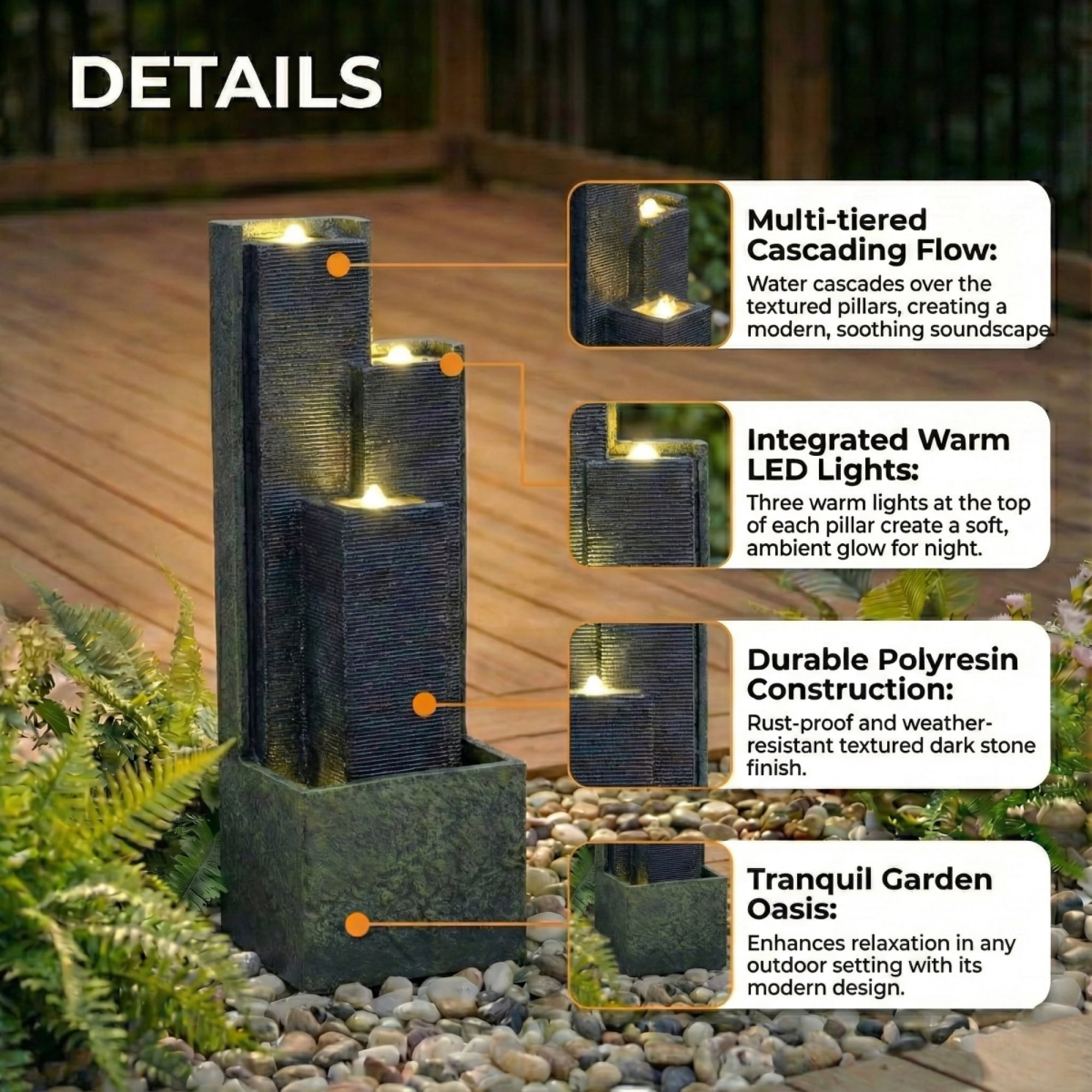 40" Outdoor Water Fountain with LED Lights, Modern Geometric Tiered Waterfall Fountain, Ribbed Column Water Feature for Garden, Patio and Backyard Decor