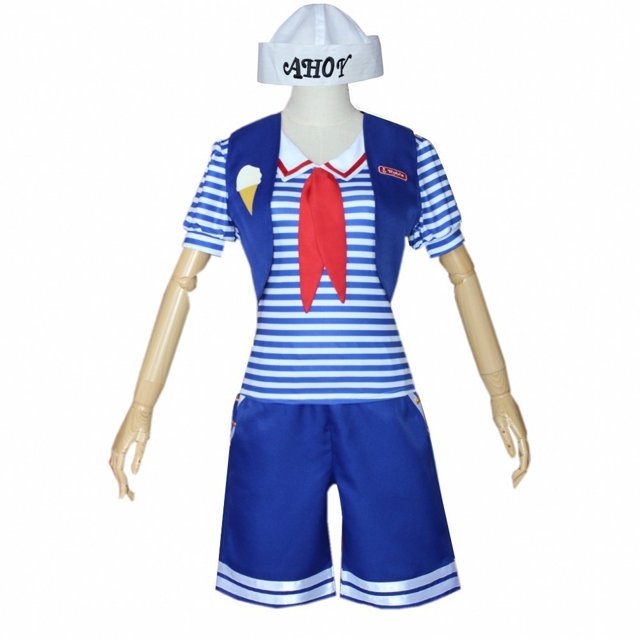 1 Juego de ropa de Stranger Things 3 Cospiay, ropa de empleado de tienda de helados (Top + Pantalones + sombrero)