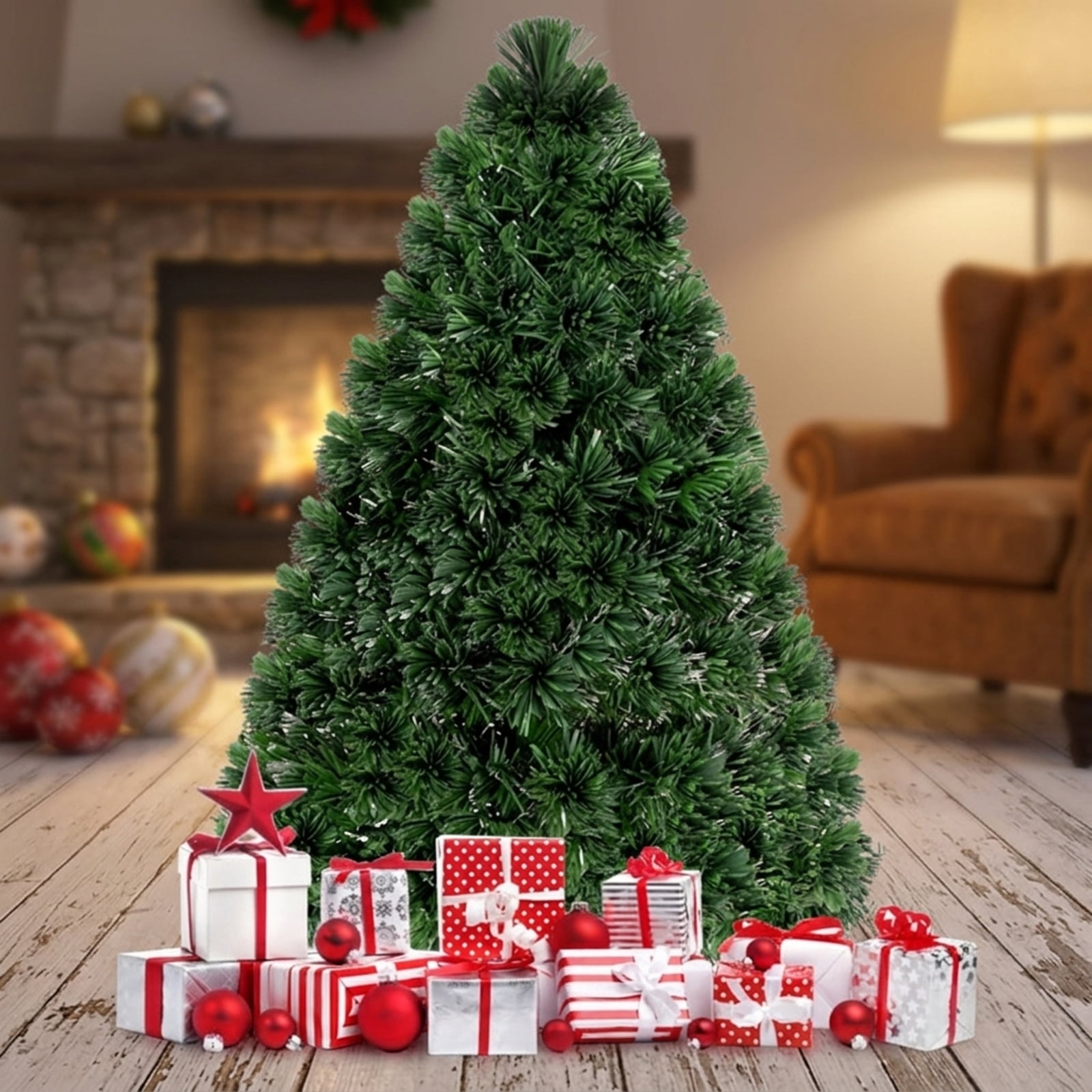 RUIE, 3 ft, Artificial Christmas Tree, with LED Fiber Optic Lights, 85 Branch Tips, Green Holiday Xmas Tree for Indoor Home Office Decoration
