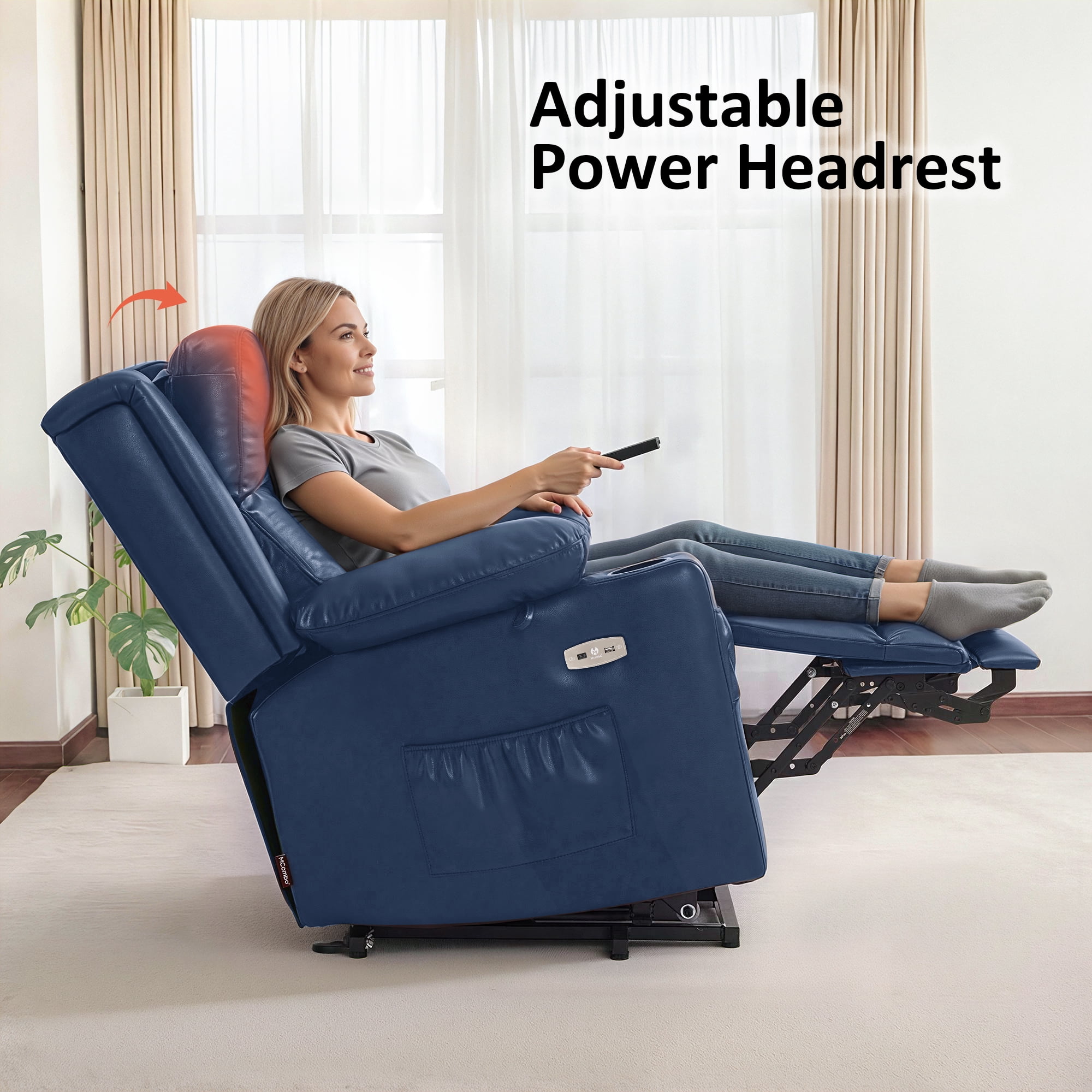 MCombo Lay Flat Triple Motor Power Lift Recliner Chair, Adjustable Headrest, Faux Leather(Blue)
