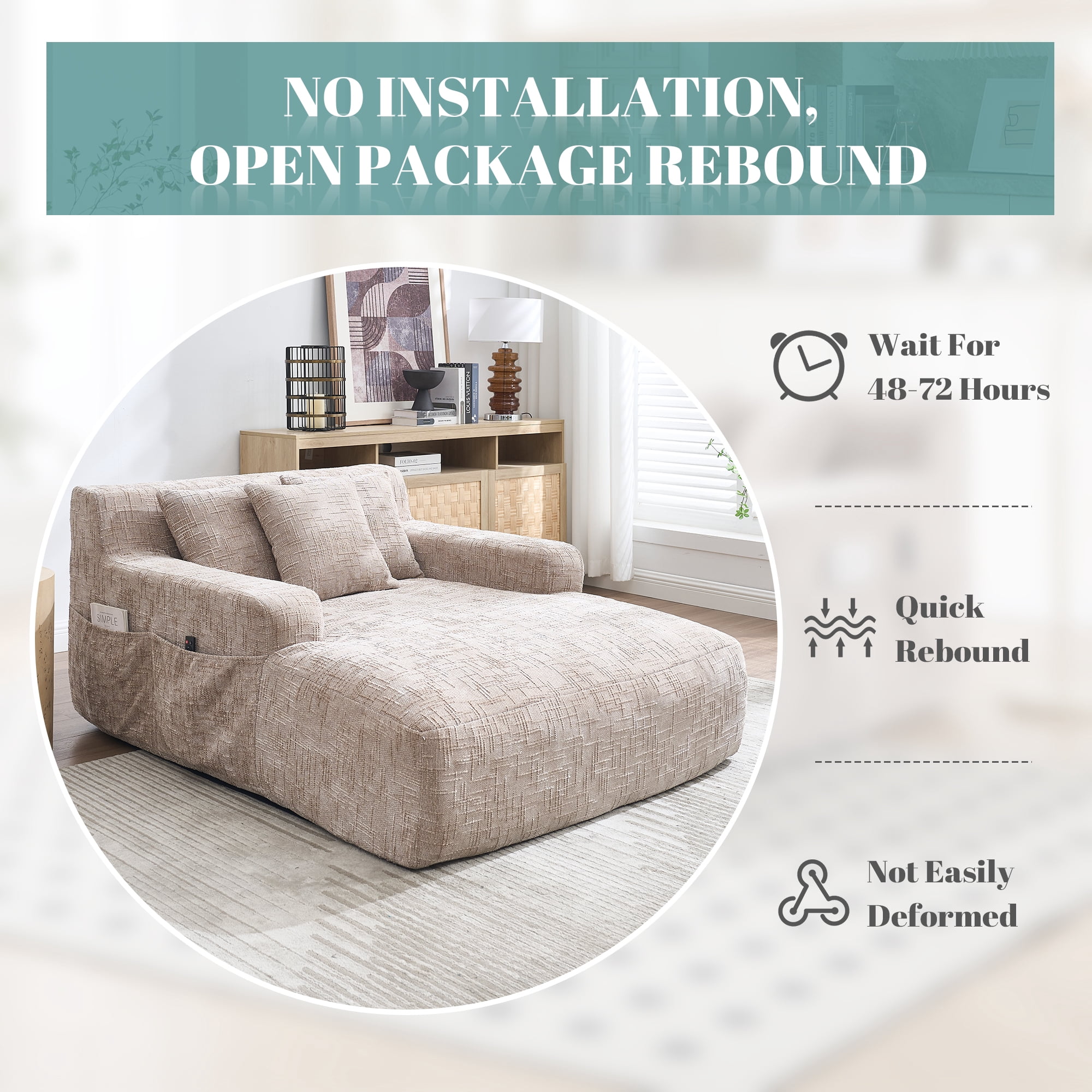 MOONMISS Chenille Upholstered Deep Seat Bean Bag Lazy Sleeping Sofa Chair with Three Pillows and Side Pocket-Khaki