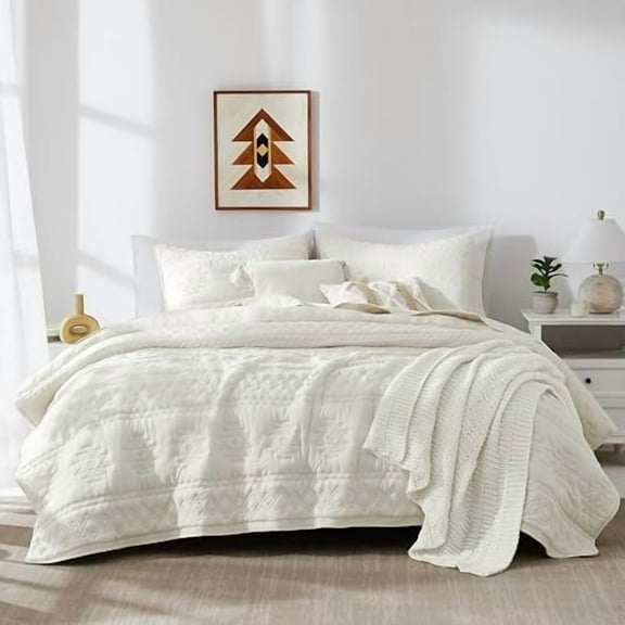 Boho Ivory Quilt King Size Bedding Sets with 2 Pillow Shams, Cream White Farmhouse Lightweight Soft Bedspread Coverlet for All Season, 3 Pieces, 104x90 inches