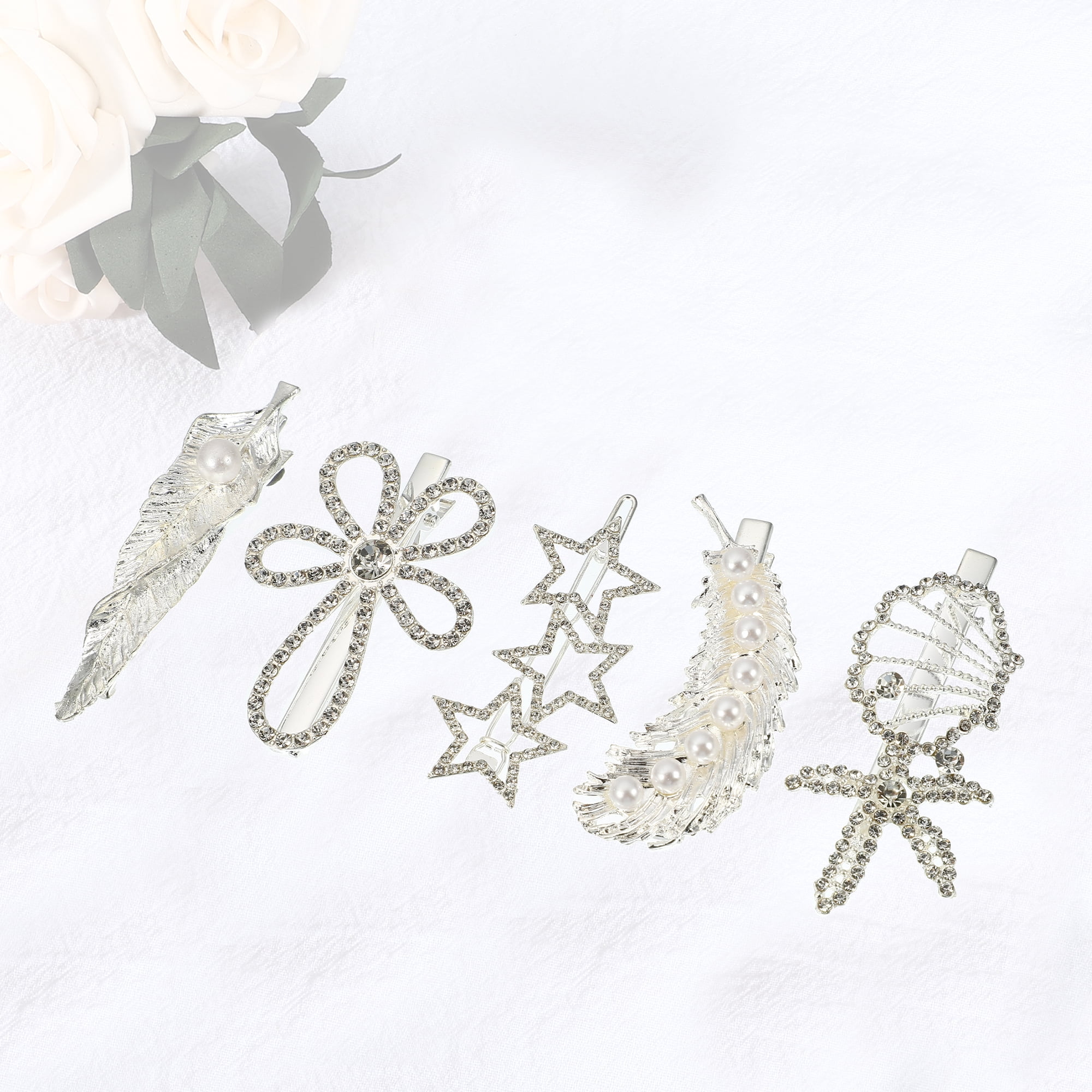 Unique Bargains Girl's Pearl Cute Style Metal Hair Clips Silver Tone 1 Set of 5 Pcs