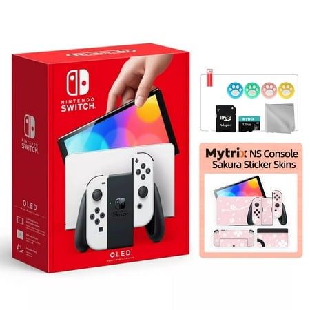 2021 New Nintendo Switch OLED Model White with Mytrix Full Body Skin Sticker for NS OLED Console, Dock and Joycons - Sakura Pink