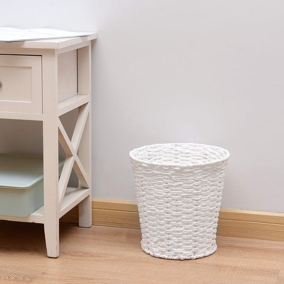 White Round Wicker Woven Waste Basket Paper Bin for Bedroom Bathroom Office Home