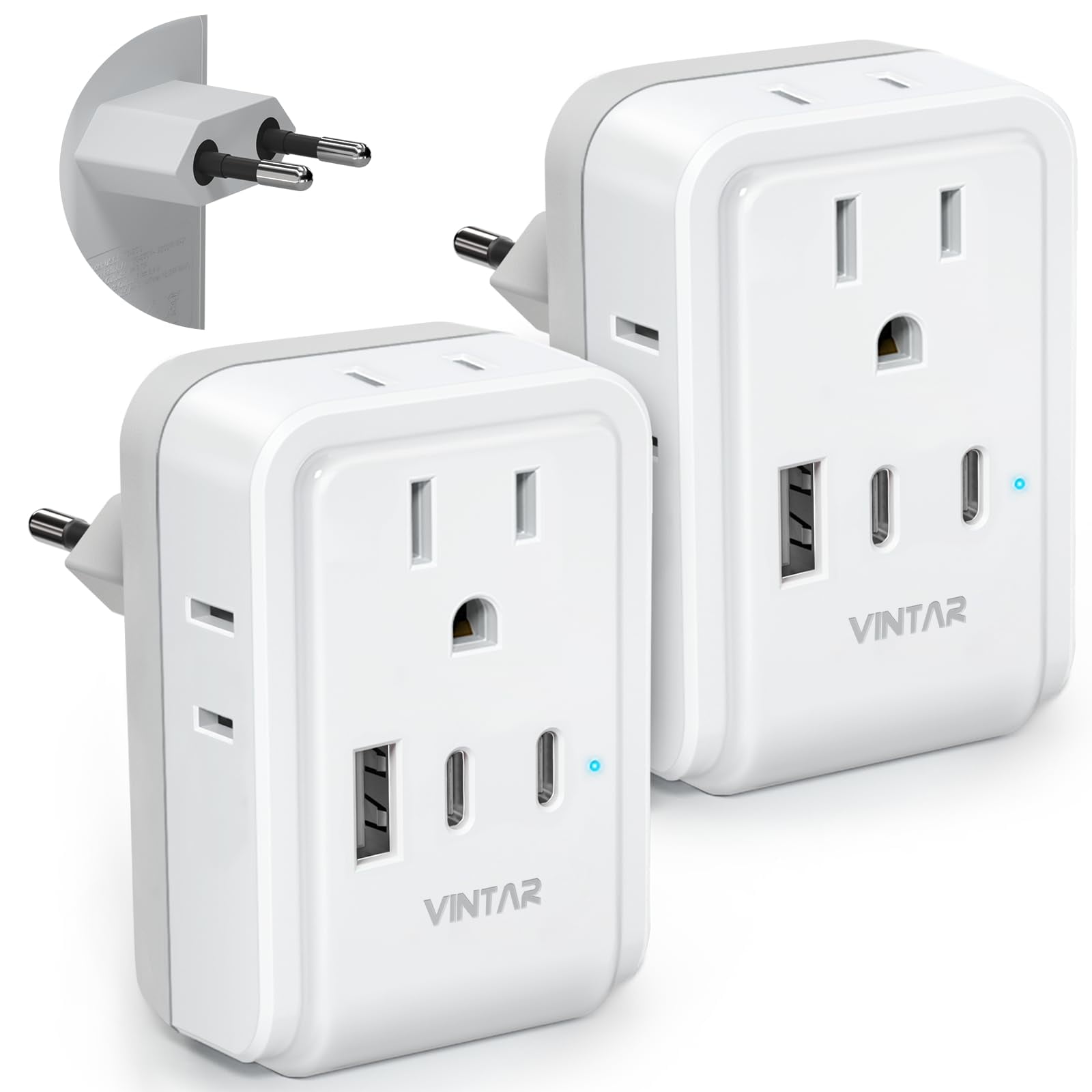 2 Pack European Travel Plug Adapter, VINTAR Europe Adaptor with 4 AC Outlets 3 USB Ports(2 USB C), Type C International Power Adapter for US to Most of Europe EU Italy Spain France Germany Iceland