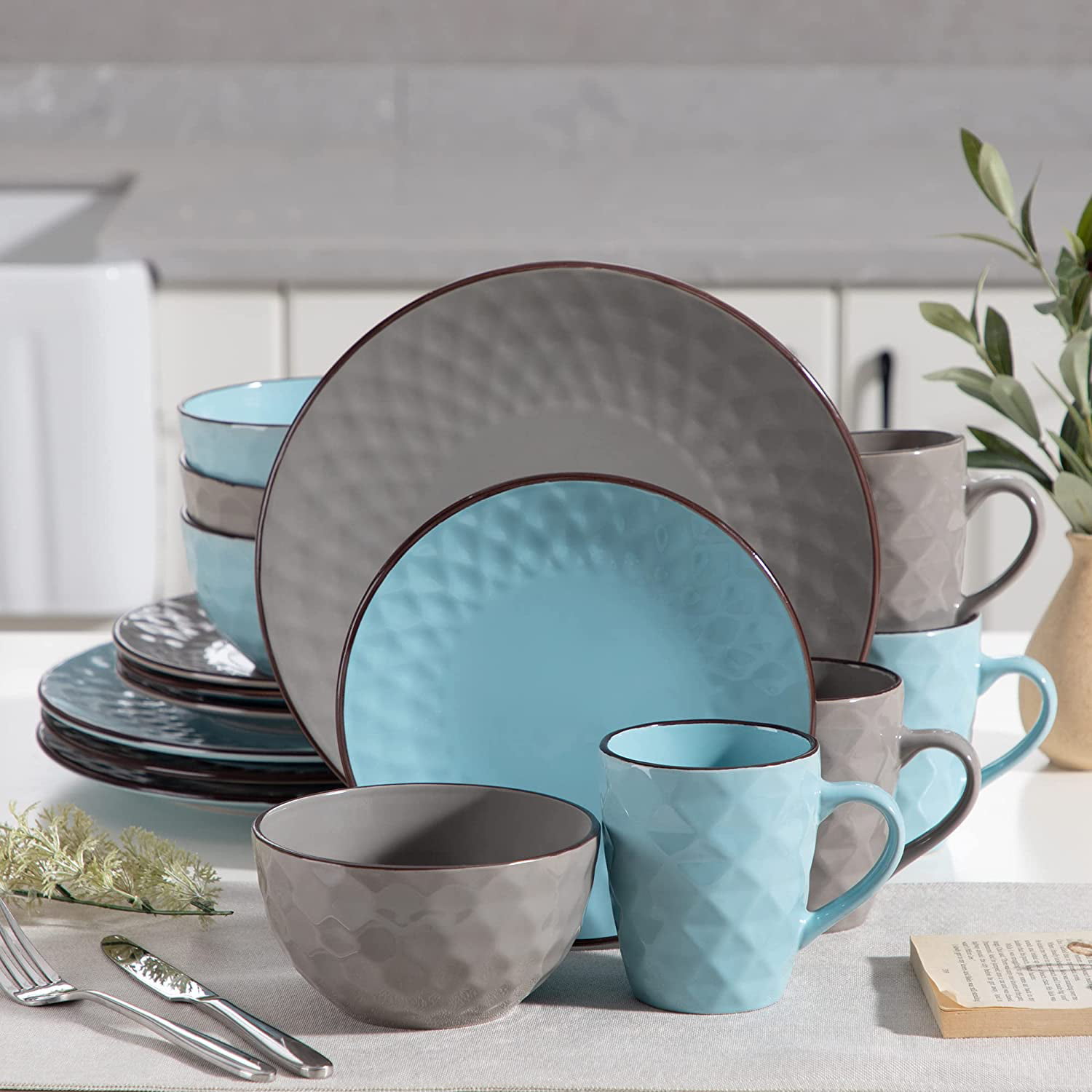 16Pc Porcelain Crockery Dinner Plates Deep Bowls Set Tableware Dinnerware Grey