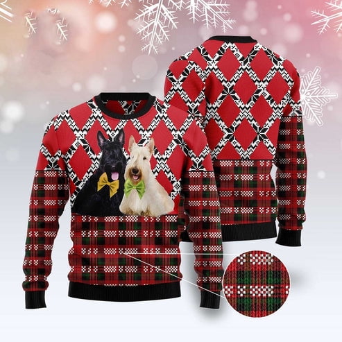 Couple Scottish Terrier Black And White 3D Christmas Sweater, Funny Xmas Sweater, Sweater Xmas